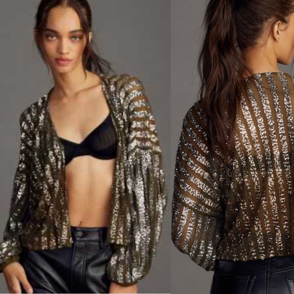 Anthropologie Sequin Kimono Olive Green Silver Stripe Sheer Party Top Blazer OS - Picture 1 of 8